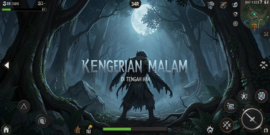 Screenshot gameplay menampilkan suasana mencekam di dalam hutan.