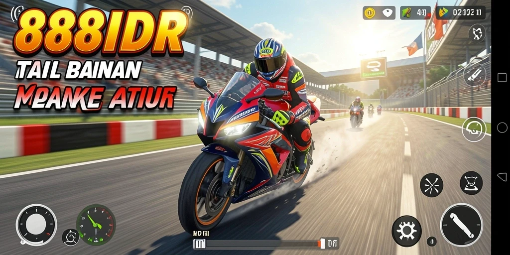 Screenshot utama 888IDR menampilkan aksi balapan motor yang mendebarkan.