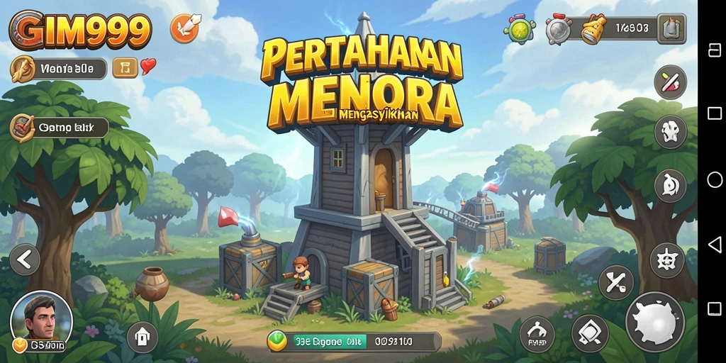 Tampilan gameplay GIM999 yang menampilkan strategis menara pertahanan.