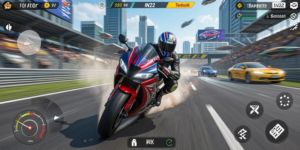 Tampilan gameplay IN22 yang mendebarkan dan penuh aksi balapan motor.