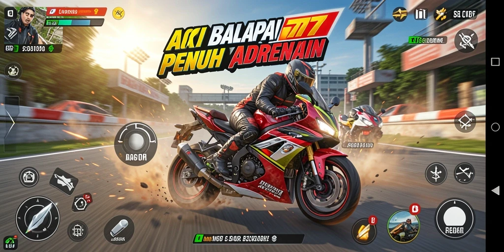 Gameplay menegangkan dengan balapan motor yang cepat.