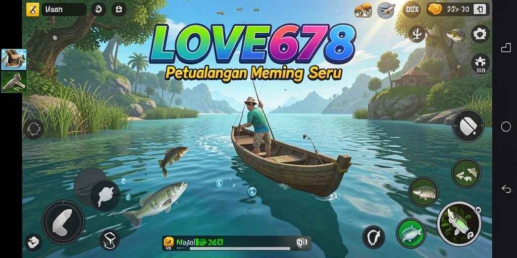 Screenshot utama LOVE678 menampilkan aksi memancing yang mendebarkan di lokasi indah.
