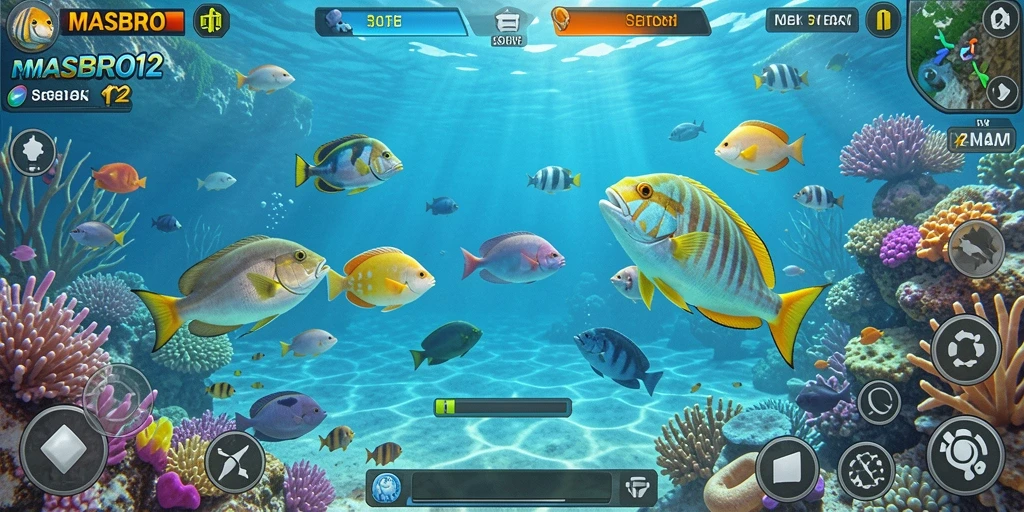 Screenshot utama MASBRO12 menampilkan aksi seru dalam permainan Tembak Ikan.