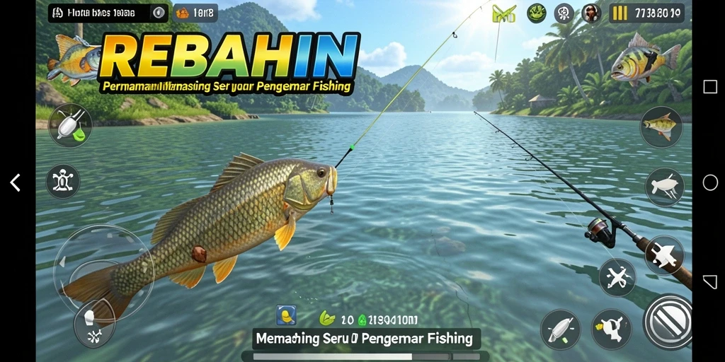 Tampilan gameplay yang seru dalam REBAHIN saat memancing ikan.