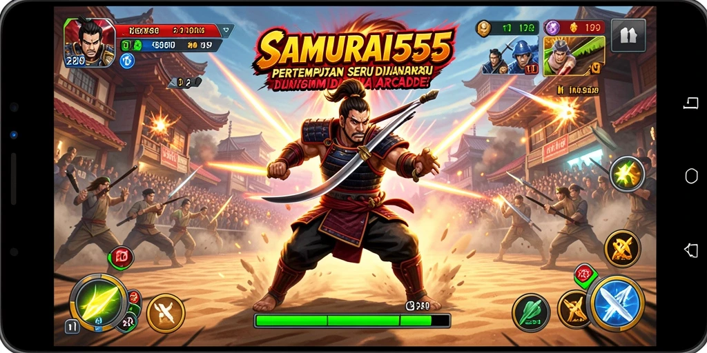 Screenshot utama SAMURAI555 menampilkan aksi seru dalam pertarungan Arcade.