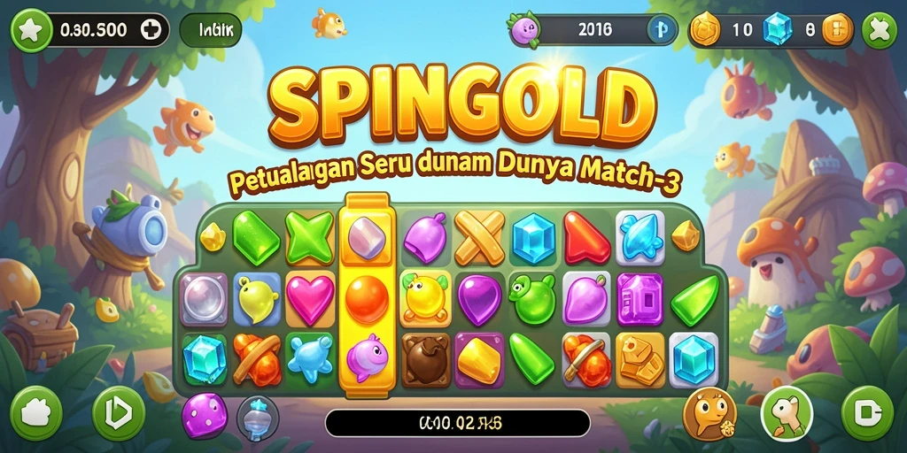 Menampilkan gameplay seru SPINGOLD dalam permainan Match-3.