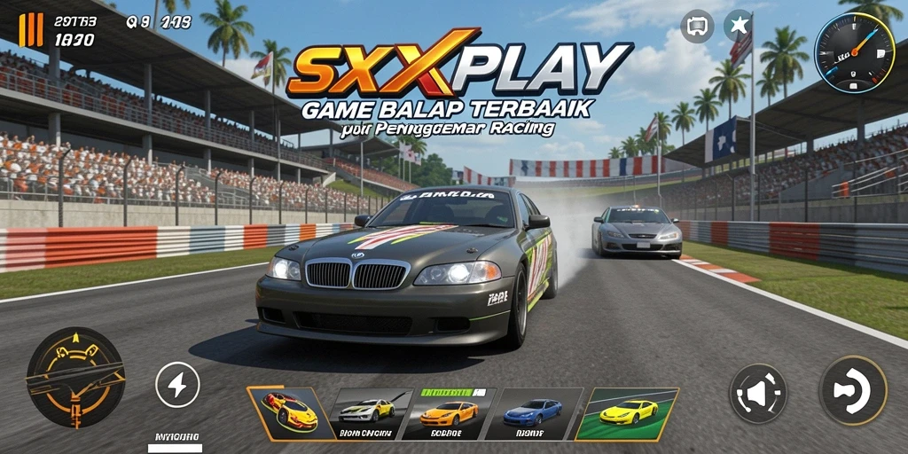 Screenshot gameplay SXXPLAY menampilkan aksi balapan mendebarkan.