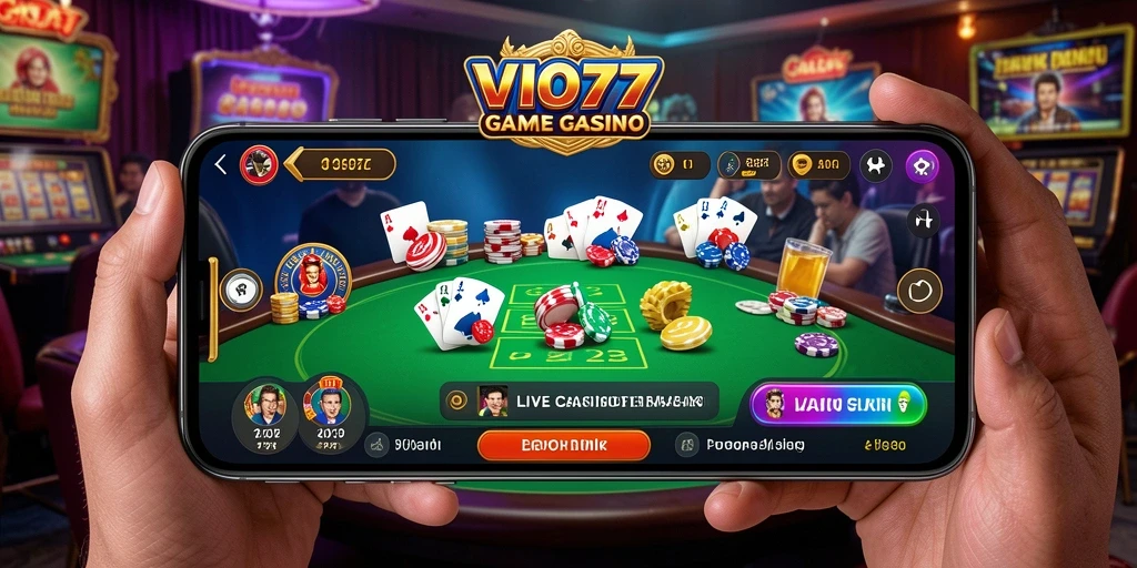 Screenshot gameplay Live Casino VIO77 yang menunjukkan dealer profesional dan suasana kasino.